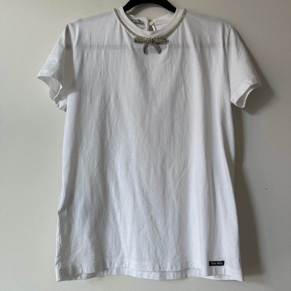 Miu Miu White Tee with Crystal Bow Neckline